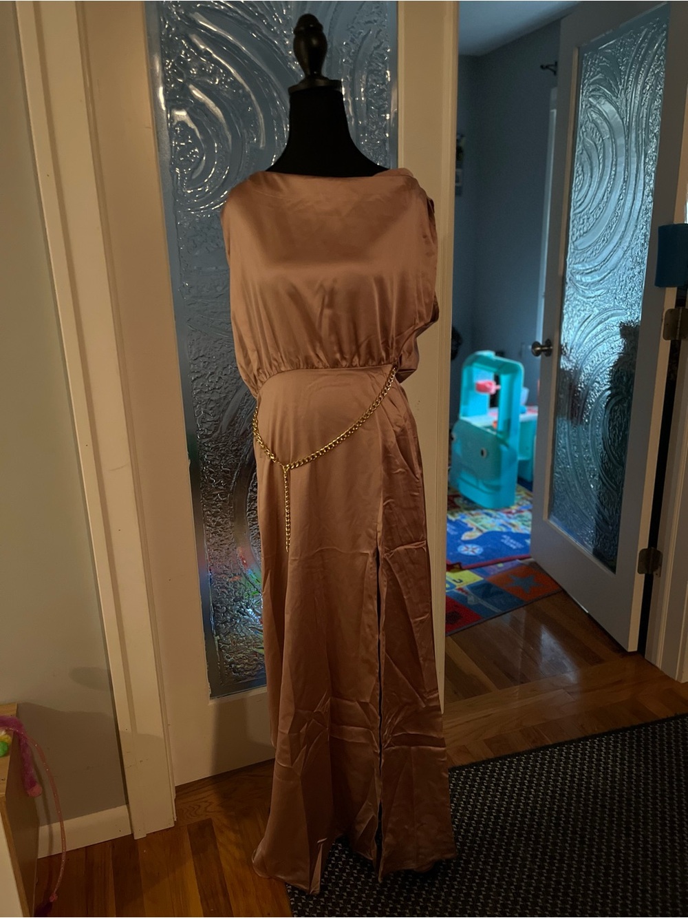 Main Strip Taupe Satin Maxi Dress with Gold Chain
